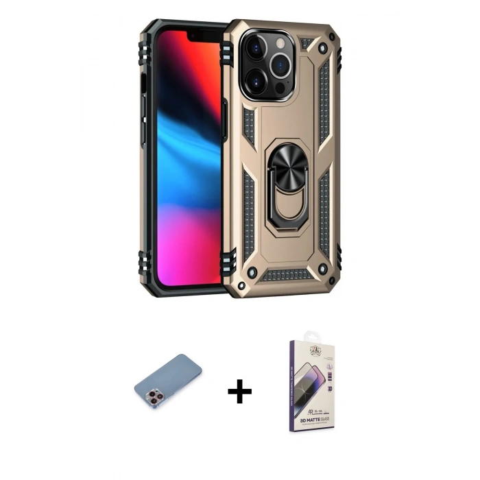 MARSİLYAN™- iPhone 13 Pro Max Kılıf Ahenk Klasik Koleksiyonu - Siyah Bilvis 3D Mat Cam Ekran Koruyucu + Shine Kamera Lens Koruma Cam - PE