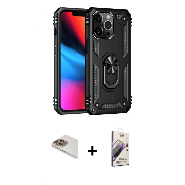 MARSİLYAN™- iPhone 13 Pro Max Kılıf Ahenk Klasik Koleksiyonu - Siyah Bilvis 3D Mat Cam Ekran Koruyucu + Pers Alüminyum Kamera Lens - GD