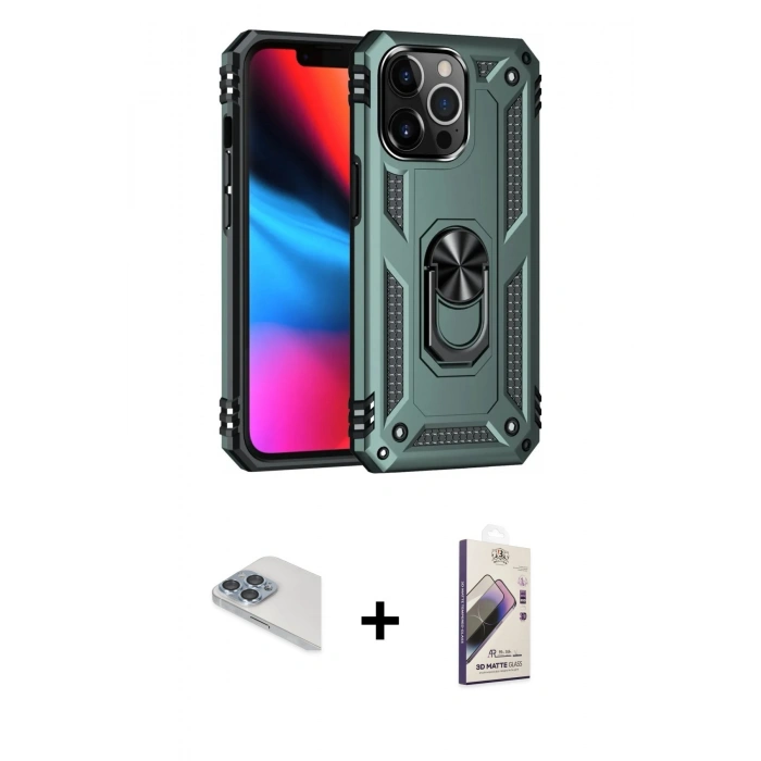 MARSİLYAN™- iPhone 13 Pro Max Kılıf Ahenk Klasik Koleksiyonu - Siyah Bilvis 3D Mat Cam Ekran Koruyucu + Pers Alüminyum Kamera Lens - SABE