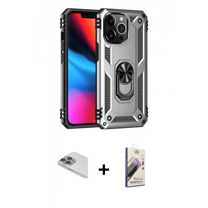 MARSİLYAN™- iPhone 13 Pro Max Kılıf Ahenk Klasik Koleksiyonu - Siyah Bilvis 3D Mat Cam Ekran Koruyucu + Pers Alüminyum Kamera Lens - SABE