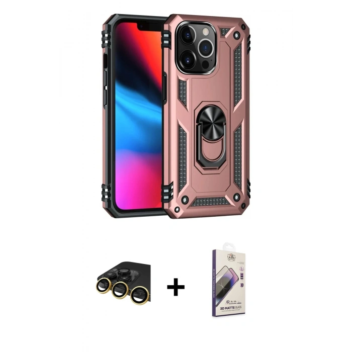 MARSİLYAN™- iPhone 13 Pro Max Kılıf Ahenk Klasik Koleksiyonu - Siyah Bilvis 3D Mat Cam Ekran Koruyucu + Raze Metal Kamera Lens - GD