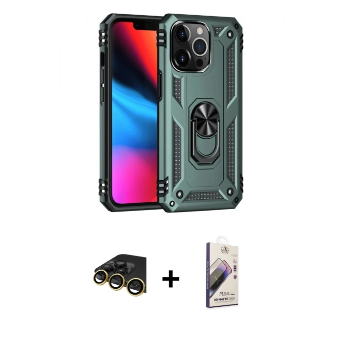 MARSİLYAN™- iPhone 13 Pro Max Kılıf Ahenk Klasik Koleksiyonu - Siyah Bilvis 3D Mat Cam Ekran Koruyucu + Raze Metal Kamera Lens - GD