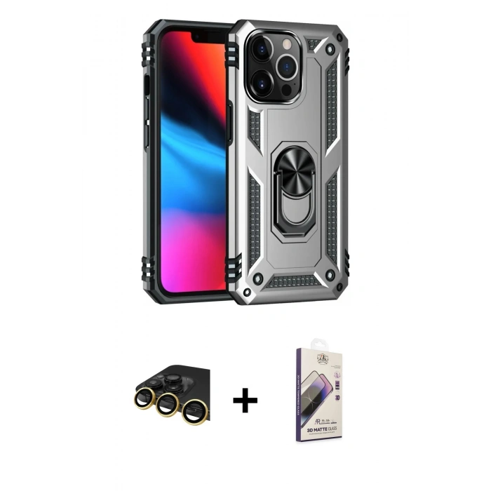 MARSİLYAN™- iPhone 13 Pro Max Kılıf Ahenk Klasik Koleksiyonu - Siyah Bilvis 3D Mat Cam Ekran Koruyucu + Raze Metal Kamera Lens - GD