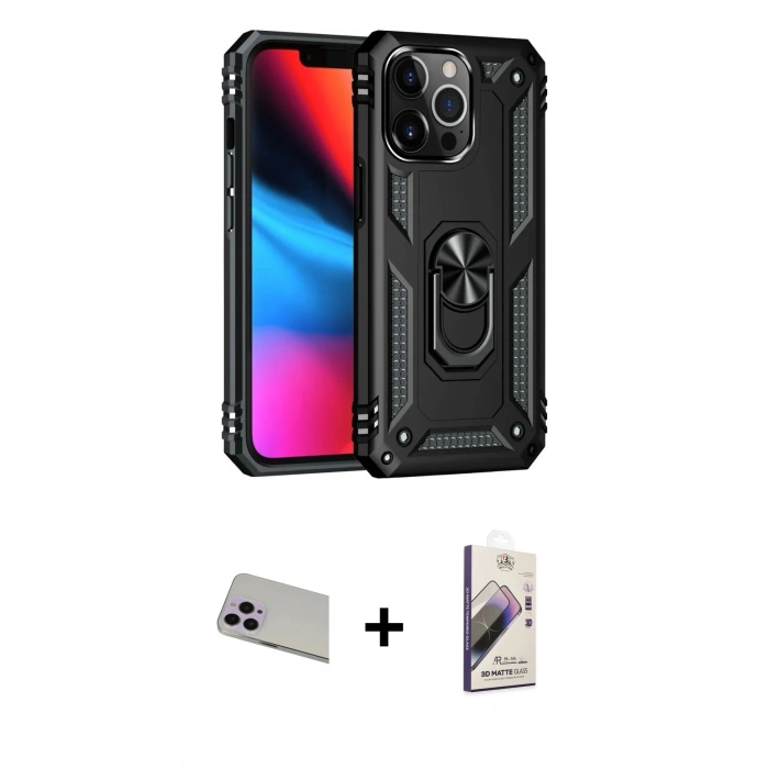 MARSİLYAN™- iPhone 13 Pro Max Kılıf Ahenk Klasik Koleksiyonu - Siyah Bilvis 3D Mat Cam Ekran Koruyucu + Rainbow Kamera Lens Koruma Cam - MR