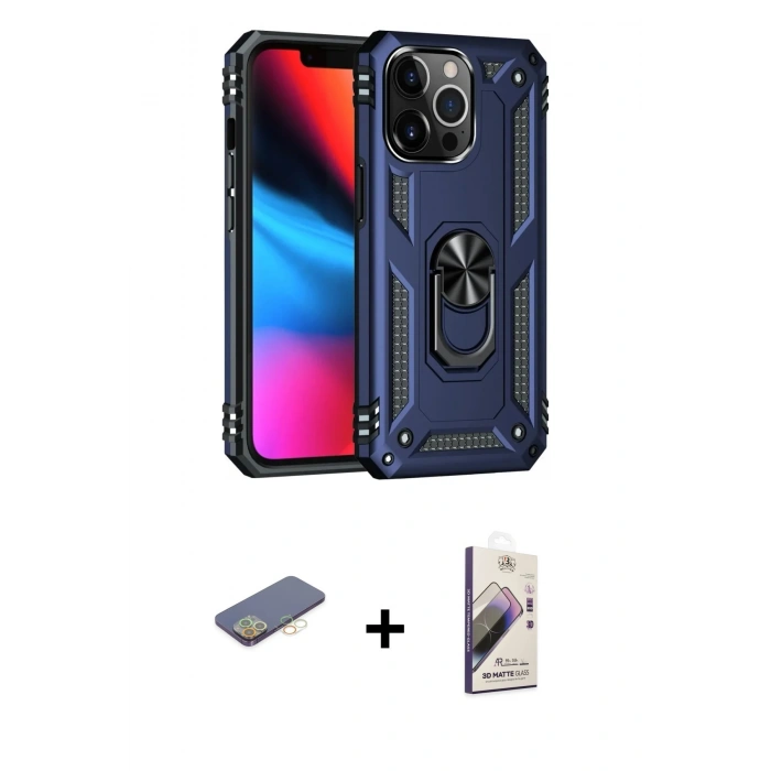 MARSİLYAN™- iPhone 13 Pro Max Kılıf Ahenk Klasik Koleksiyonu - Siyah Bilvis 3D Mat Cam Ekran Koruyucu + Renkli Kamera Lens Koruma Cam - SI