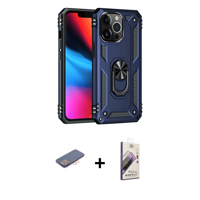 MARSİLYAN™- iPhone 13 Pro Max Kılıf Ahenk Klasik Koleksiyonu - Siyah Bilvis 3D Mat Cam Ekran Koruyucu + Renkli Kamera Lens Koruma Cam - PE