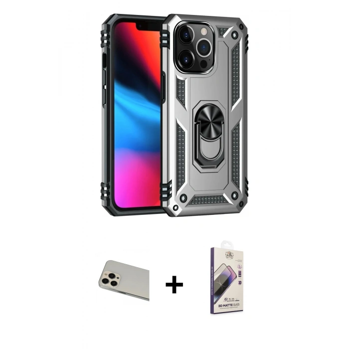 MARSİLYAN™- iPhone 13 Pro Max Kılıf Ahenk Klasik Koleksiyonu - Siyah Bilvis 3D Mat Cam Ekran Koruyucu + Rose Gold Rainbow Kamera Lens Koruma Cam