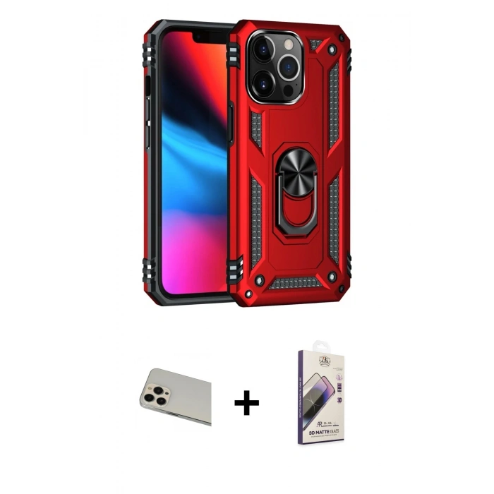 MARSİLYAN™- iPhone 13 Pro Max Kılıf Ahenk Klasik Koleksiyonu - Siyah Bilvis 3D Mat Cam Ekran Koruyucu + Rose Gold Rainbow Kamera Lens Koruma Cam