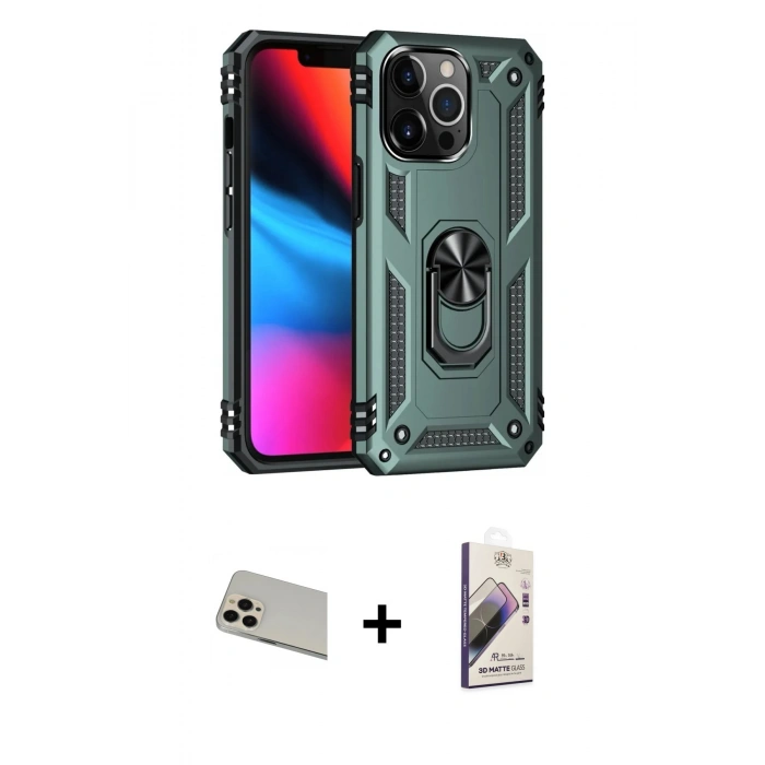 MARSİLYAN™- iPhone 13 Pro Max Kılıf Ahenk Klasik Koleksiyonu - Siyah Bilvis 3D Mat Cam Ekran Koruyucu + Rose Gold Rainbow Kamera Lens Koruma Cam