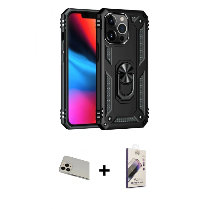 MARSİLYAN™- iPhone 13 Pro Max Kılıf Ahenk Klasik Koleksiyonu - Siyah Bilvis 3D Mat Cam Ekran Koruyucu + Rose Gold Rainbow Kamera Lens Koruma Cam