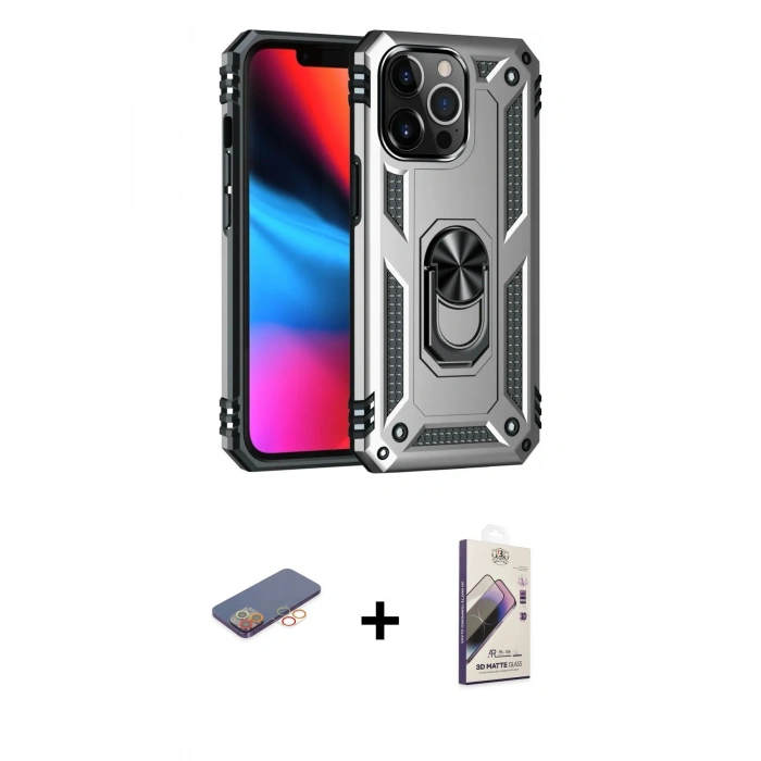 MARSİLYAN™- iPhone 13 Pro Max Kılıf Ahenk Klasik Koleksiyonu - Siyah Bilvis 3D Mat Cam Ekran Koruyucu + Renkli Kamera Lens Koruma Cam - TU