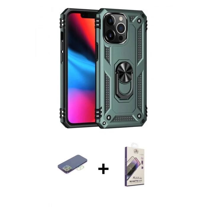 MARSİLYAN™- iPhone 13 Pro Max Kılıf Ahenk Klasik Koleksiyonu - Siyah Bilvis 3D Mat Cam Ekran Koruyucu + Renkli Kamera Lens Koruma Cam - YL