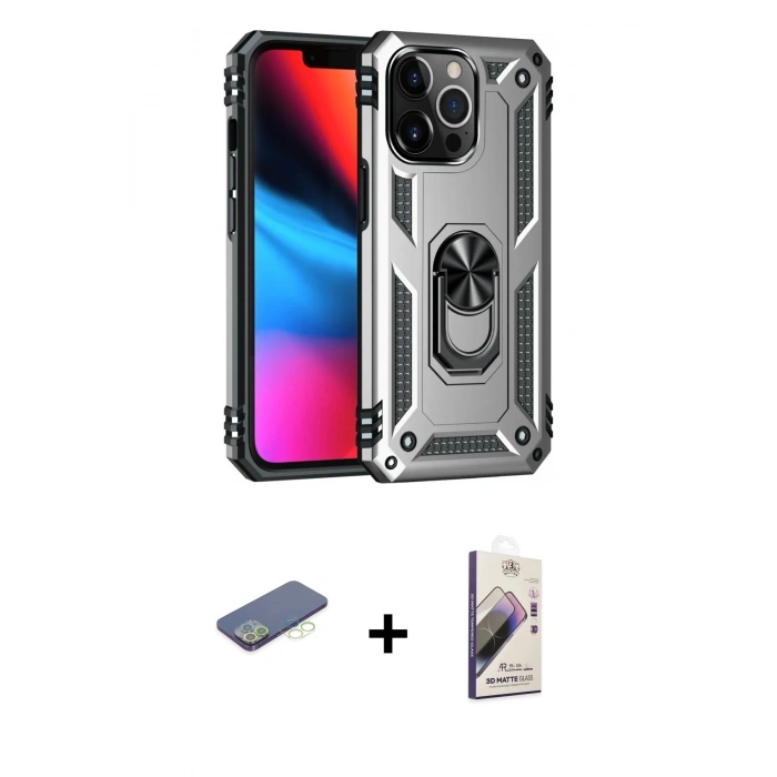 MARSİLYAN™- iPhone 13 Pro Max Kılıf Ahenk Klasik Koleksiyonu - Siyah Bilvis 3D Mat Cam Ekran Koruyucu + Renkli Kamera Lens Koruma Cam - YL