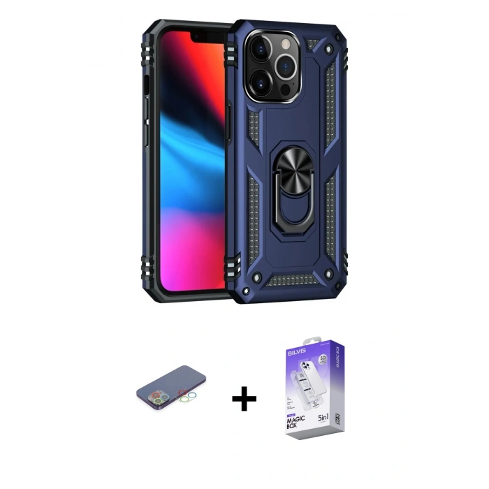 MARSİLYAN™- iPhone 13 Pro Max Kılıf Ahenk Klasik Koleksiyonu - Siyah Bilvis 5in1 3D Magic Cam Ekran Koruyucu + Renkli Kamera Lens Koruma Cam - MI