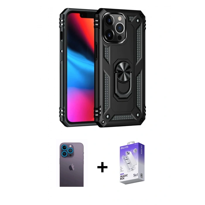 MARSİLYAN™- iPhone 13 Pro Max Kılıf Ahenk Klasik Koleksiyonu - Siyah Bilvis 5in1 3D Magic Cam Ekran Koruyucu + Neon Fosforlu Kamera Lens - MI