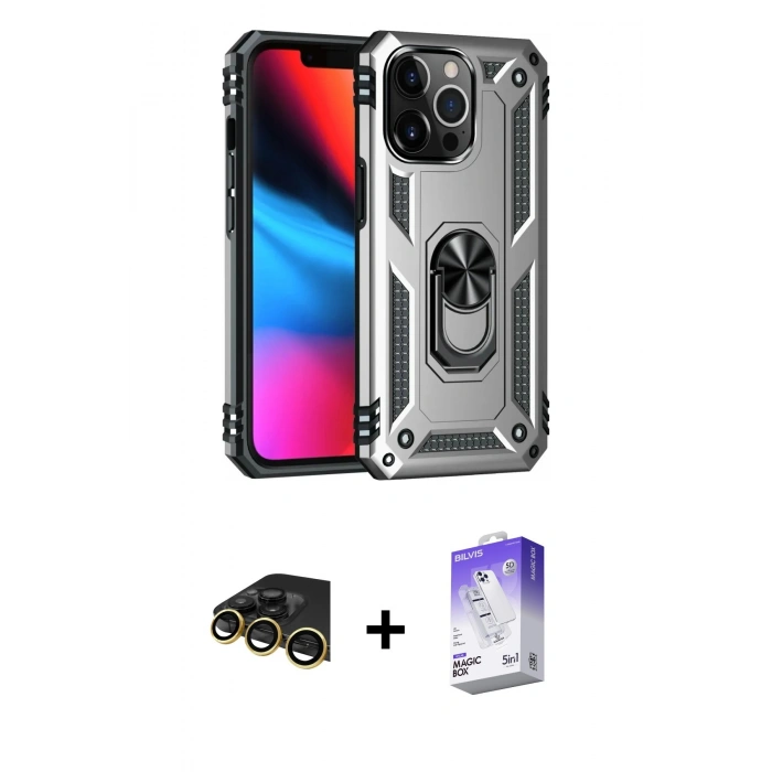 MARSİLYAN™- iPhone 13 Pro Max Kılıf Ahenk Klasik Koleksiyonu - Siyah Bilvis 5in1 3D Magic Cam Ekran Koruyucu + Raze Metal Kamera Lens - GD