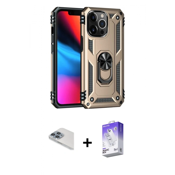 MARSİLYAN™- iPhone 13 Pro Max Kılıf Ahenk Klasik Koleksiyonu - Siyah Bilvis 5in1 3D Magic Cam Ekran Koruyucu + Sierra Blue Pers Alüminyum Kamera Lens
