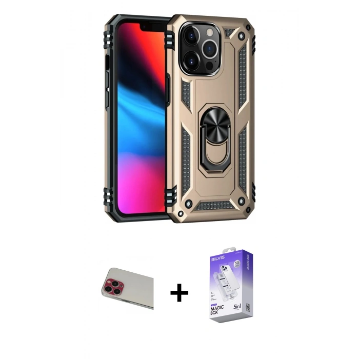 MARSİLYAN™- iPhone 13 Pro Max Kılıf Ahenk Klasik Koleksiyonu - Siyah Bilvis 5in1 3D Magic Cam Ekran Koruyucu + Rainbow Kamera Lens Koruma Cam - KI