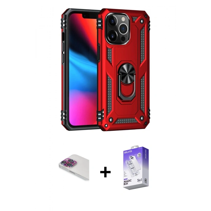 MARSİLYAN™- iPhone 13 Pro Max Kılıf Ahenk Klasik Koleksiyonu - Siyah Bilvis 5in1 3D Magic Cam Ekran Koruyucu + Pers Alüminyum Kamera Lens - GI