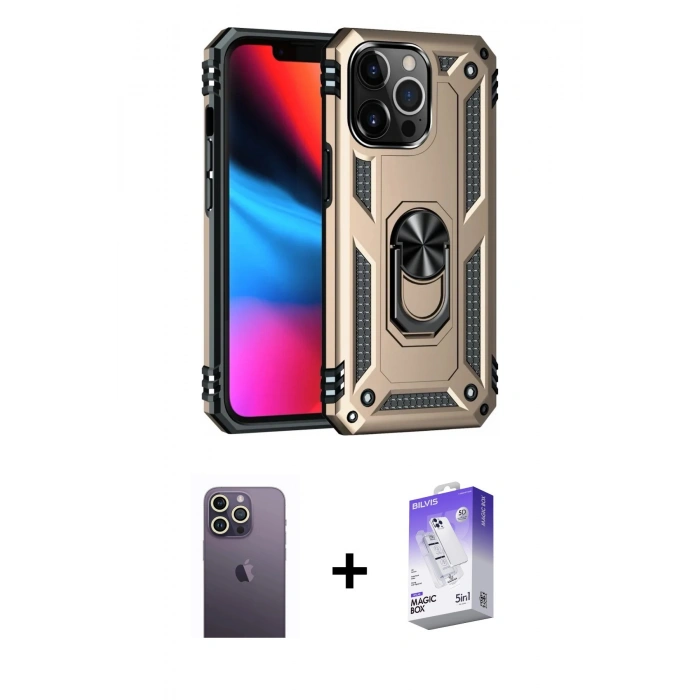 MARSİLYAN™- iPhone 13 Pro Max Kılıf Ahenk Klasik Koleksiyonu - Siyah Bilvis 5in1 3D Magic Cam Ekran Koruyucu + Neon Fosforlu Kamera Lens - BZ