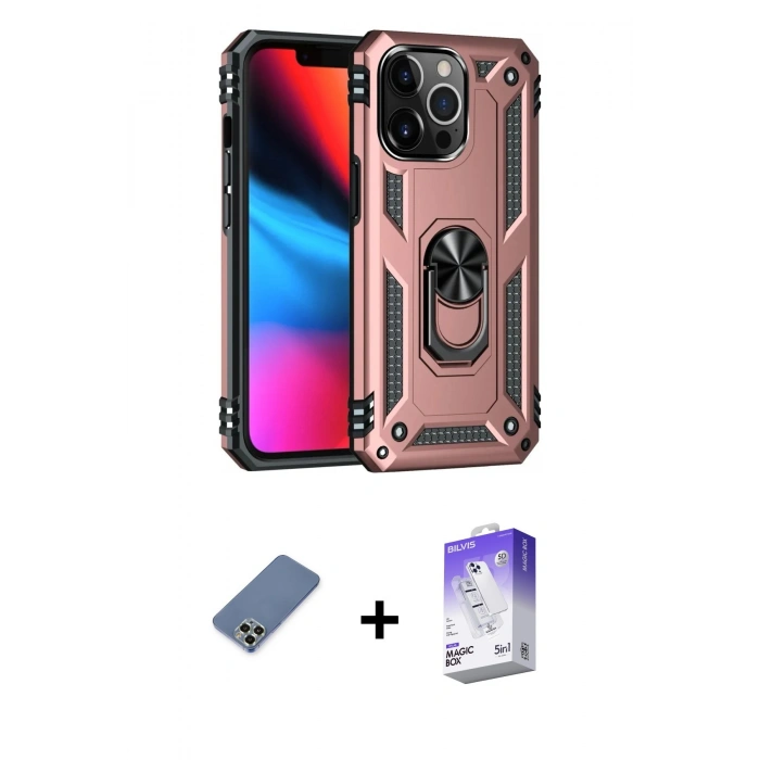 MARSİLYAN™- iPhone 13 Pro Max Kılıf Ahenk Klasik Koleksiyonu - Siyah Bilvis 5in1 3D Magic Cam Ekran Koruyucu + Açık Yeşil Metal Kamera Lens Koruma Cam