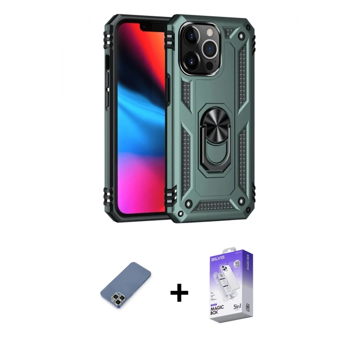 MARSİLYAN™- iPhone 13 Pro Max Kılıf Ahenk Klasik Koleksiyonu - Siyah Bilvis 5in1 3D Magic Cam Ekran Koruyucu + Açık Yeşil Metal Kamera Lens Koruma Cam