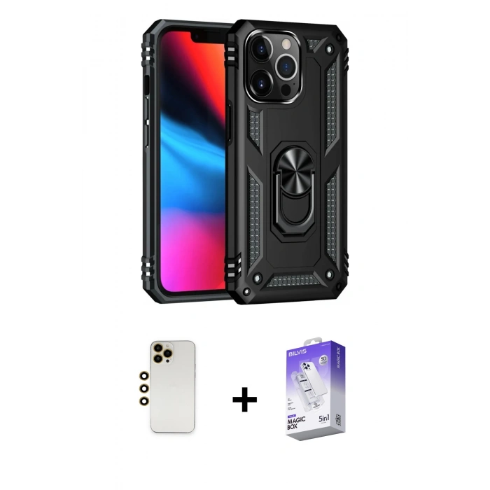 MARSİLYAN™- iPhone 13 Pro Max Kılıf Ahenk Klasik Koleksiyonu - Siyah Bilvis 5in1 3D Magic Cam Ekran Koruyucu + Shine Kamera Lens - GD