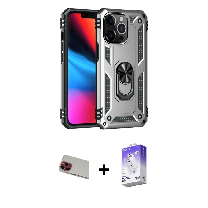 MARSİLYAN™- iPhone 13 Pro Max Kılıf Ahenk Klasik Koleksiyonu - Siyah Bilvis 5in1 3D Magic Cam Ekran Koruyucu + Rainbow Kamera Lens Koruma Cam - KI
