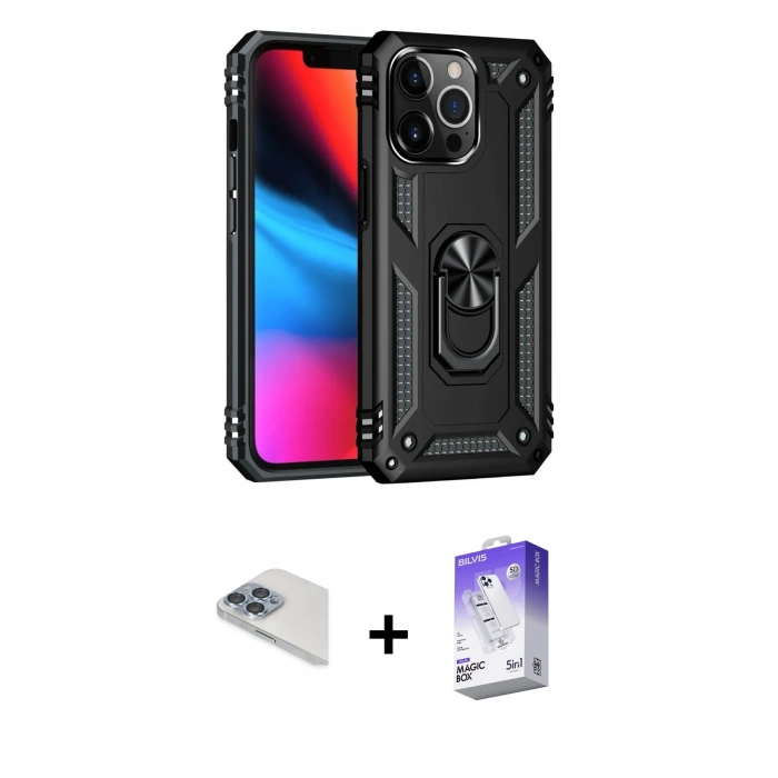 MARSİLYAN™- iPhone 13 Pro Max Kılıf Ahenk Klasik Koleksiyonu - Siyah Bilvis 5in1 3D Magic Cam Ekran Koruyucu + Sierra Blue Pers Alüminyum Kamera Lens