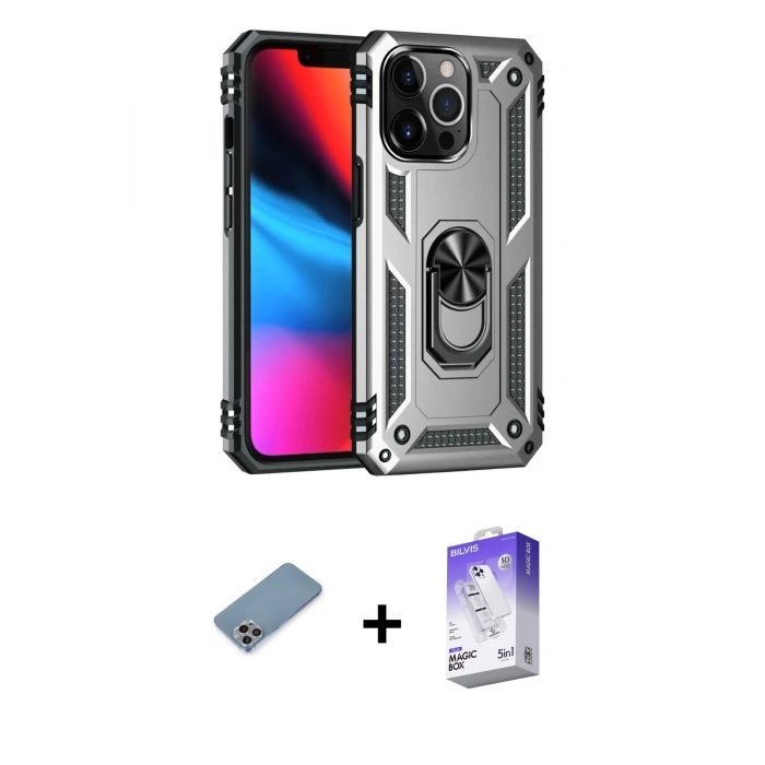 MARSİLYAN™- iPhone 13 Pro Max Kılıf Ahenk Klasik Koleksiyonu - Siyah Bilvis 5in1 3D Magic Cam Ekran Koruyucu + Shine Kamera Lens Koruma Cam - GI