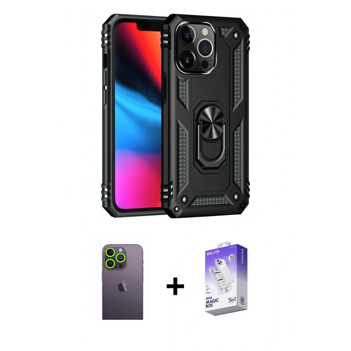 MARSİLYAN™- iPhone 13 Pro Max Kılıf Ahenk Klasik Koleksiyonu - Siyah Bilvis 5in1 3D Magic Cam Ekran Koruyucu + Neon Fosforlu Kamera Lens - YL