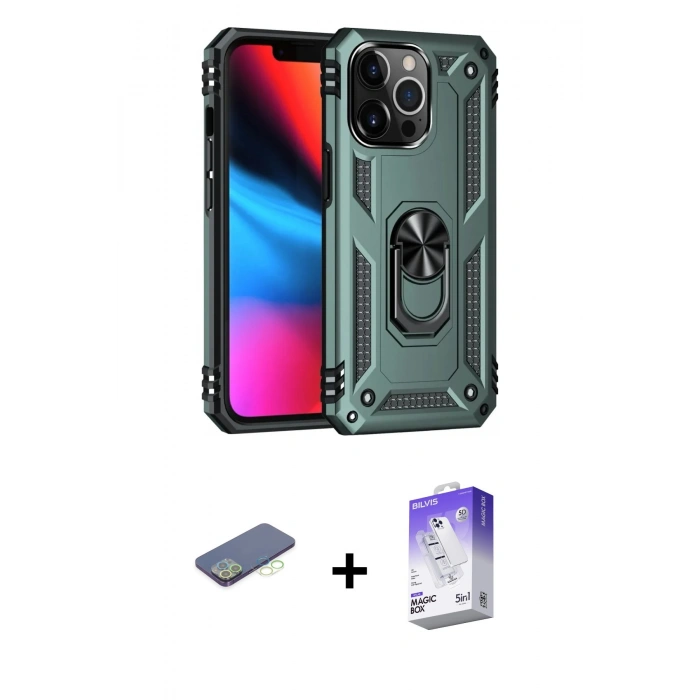 MARSİLYAN™- iPhone 13 Pro Max Kılıf Ahenk Klasik Koleksiyonu - Siyah Bilvis 5in1 3D Magic Cam Ekran Koruyucu + Renkli Kamera Lens Koruma Cam - YL
