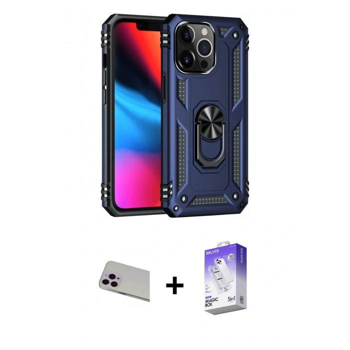 MARSİLYAN™- iPhone 13 Pro Max Kılıf Ahenk Klasik Koleksiyonu - Siyah Bilvis 5in1 3D Magic Cam Ekran Koruyucu + Rainbow Kamera Lens Koruma Cam - MR