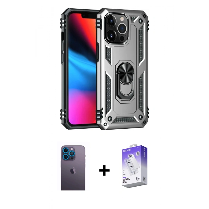 MARSİLYAN™- iPhone 13 Pro Max Kılıf Ahenk Klasik Koleksiyonu - Siyah Bilvis 5in1 3D Magic Cam Ekran Koruyucu + Neon Fosforlu Kamera Lens - MI