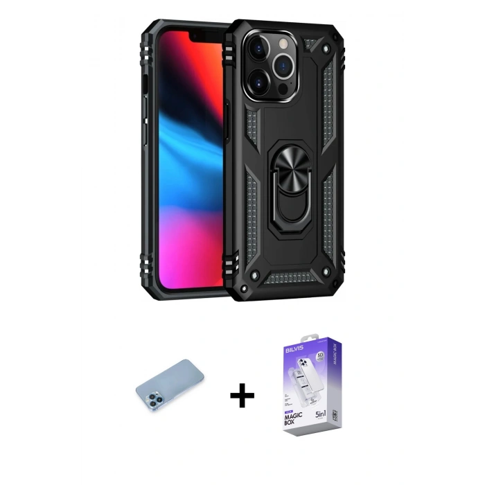 MARSİLYAN™- iPhone 13 Pro Max Kılıf Ahenk Klasik Koleksiyonu - Siyah Bilvis 5in1 3D Magic Cam Ekran Koruyucu + Shine Kamera Lens Koruma Cam - MI
