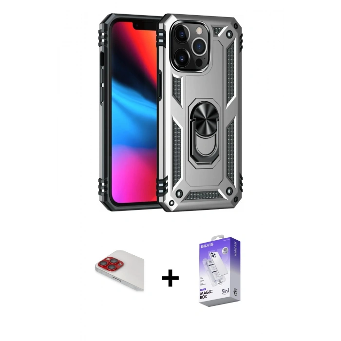 MARSİLYAN™- iPhone 13 Pro Max Kılıf Ahenk Klasik Koleksiyonu - Siyah Bilvis 5in1 3D Magic Cam Ekran Koruyucu + Pers Alüminyum Kamera Lens - KI