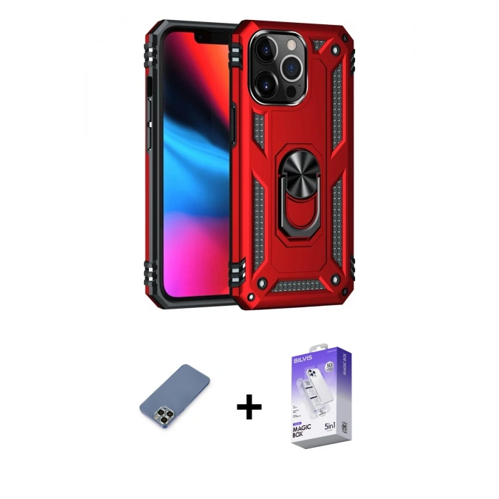 MARSİLYAN™- iPhone 13 Pro Max Kılıf Ahenk Klasik Koleksiyonu - Siyah Bilvis 5in1 3D Magic Cam Ekran Koruyucu + Açık Yeşil Metal Kamera Lens Koruma Cam