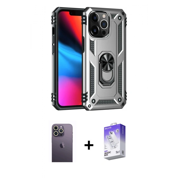 MARSİLYAN™- iPhone 13 Pro Max Kılıf Ahenk Klasik Koleksiyonu - Siyah Bilvis 5in1 3D Magic Cam Ekran Koruyucu + Neon Fosforlu Kamera Lens - BZ