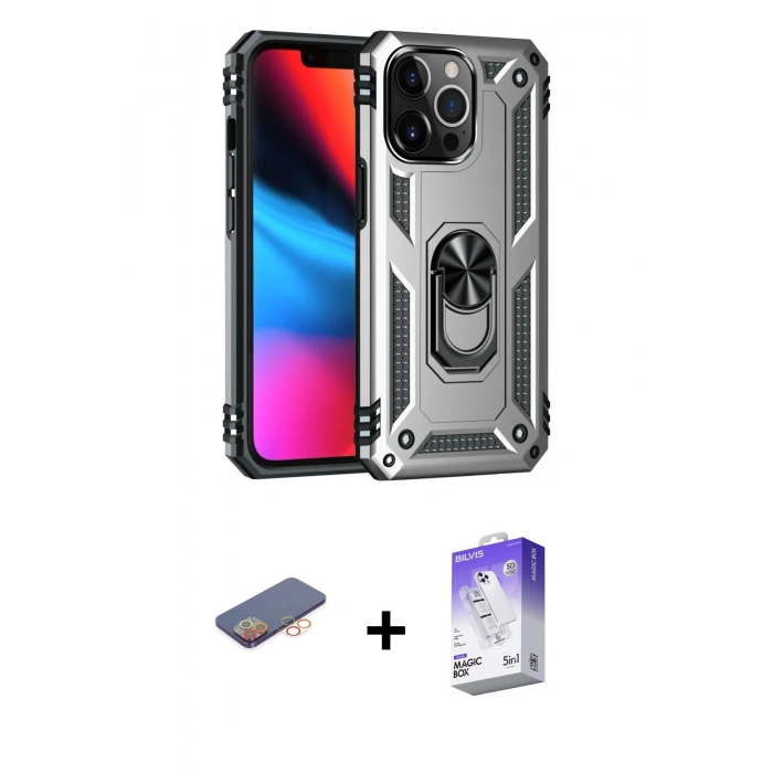 MARSİLYAN™- iPhone 13 Pro Max Kılıf Ahenk Klasik Koleksiyonu - Siyah Bilvis 5in1 3D Magic Cam Ekran Koruyucu + Renkli Kamera Lens Koruma Cam - TU