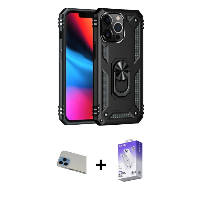 MARSİLYAN™- iPhone 13 Pro Max Kılıf Ahenk Klasik Koleksiyonu - Siyah Bilvis 5in1 3D Magic Cam Ekran Koruyucu + Rainbow Kamera Lens Koruma Cam - MI