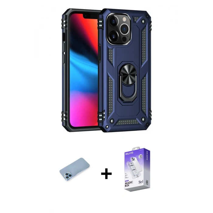 MARSİLYAN™- iPhone 13 Pro Max Kılıf Ahenk Klasik Koleksiyonu - Siyah Bilvis 5in1 3D Magic Cam Ekran Koruyucu + Shine Kamera Lens Koruma Cam - MI