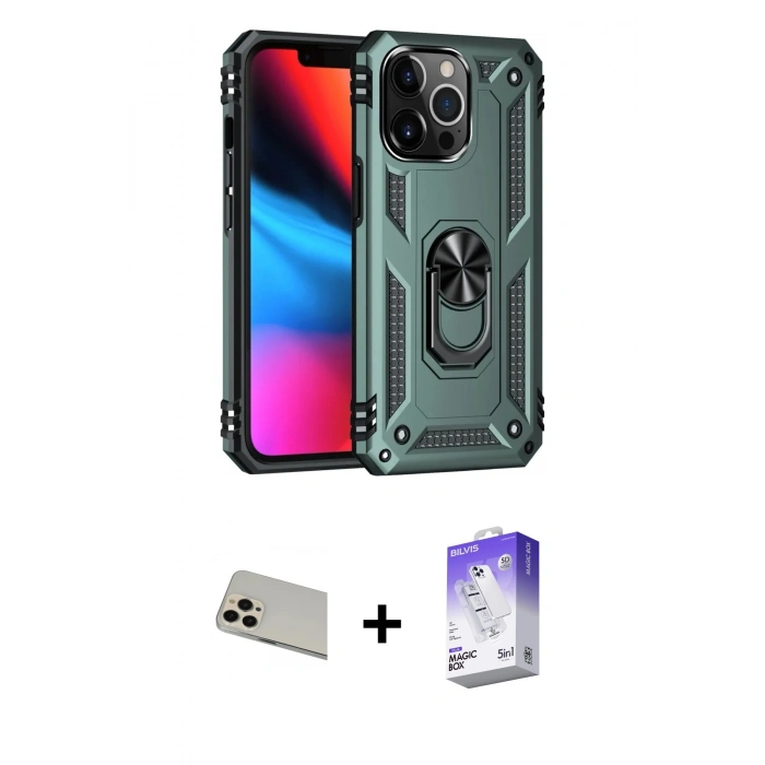 MARSİLYAN™- iPhone 13 Pro Max Kılıf Ahenk Klasik Koleksiyonu - Siyah Bilvis 5in1 3D Magic Cam Ekran Koruyucu + Rainbow Kamera Lens Koruma Cam - REGD