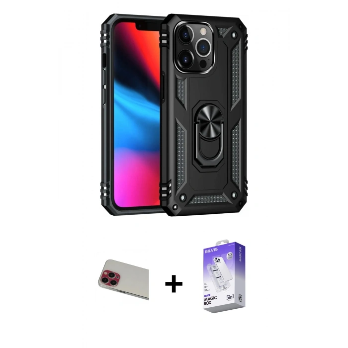 MARSİLYAN™- iPhone 13 Pro Max Kılıf Ahenk Klasik Koleksiyonu - Siyah Bilvis 5in1 3D Magic Cam Ekran Koruyucu + Rainbow Kamera Lens Koruma Cam - KI