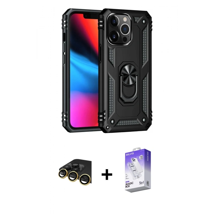 MARSİLYAN™- iPhone 13 Pro Max Kılıf Ahenk Klasik Koleksiyonu - Siyah Bilvis 5in1 3D Magic Cam Ekran Koruyucu + Raze Metal Kamera Lens - GD
