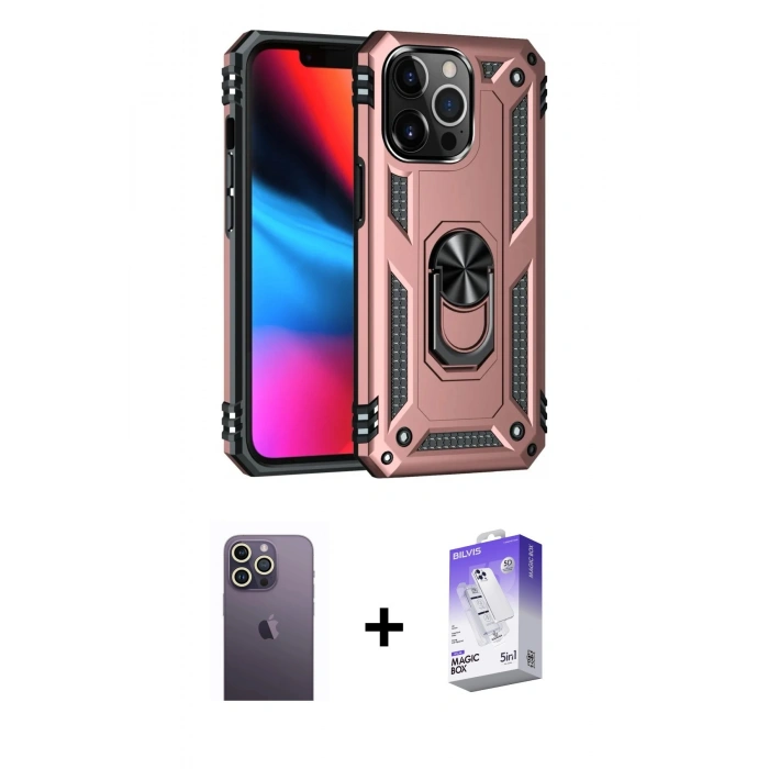 MARSİLYAN™- iPhone 13 Pro Max Kılıf Ahenk Klasik Koleksiyonu - Siyah Bilvis 5in1 3D Magic Cam Ekran Koruyucu + Neon Fosforlu Kamera Lens - BZ