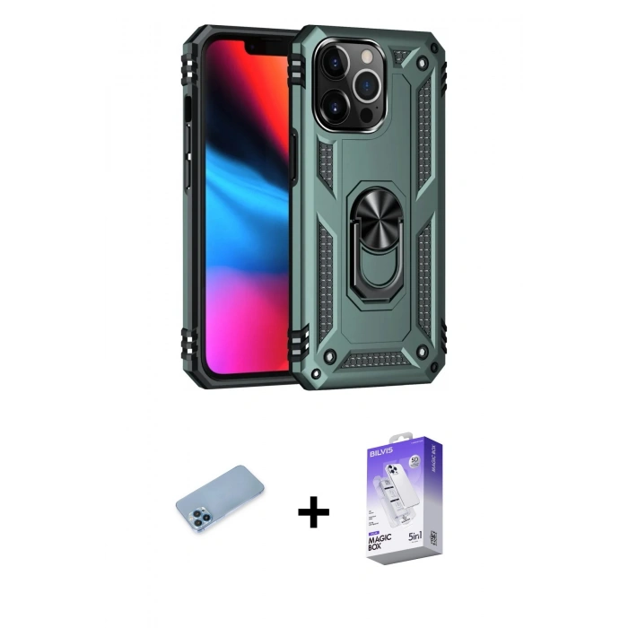 MARSİLYAN™- iPhone 13 Pro Max Kılıf Ahenk Klasik Koleksiyonu - Siyah Bilvis 5in1 3D Magic Cam Ekran Koruyucu + Shine Kamera Lens Koruma Cam - MI