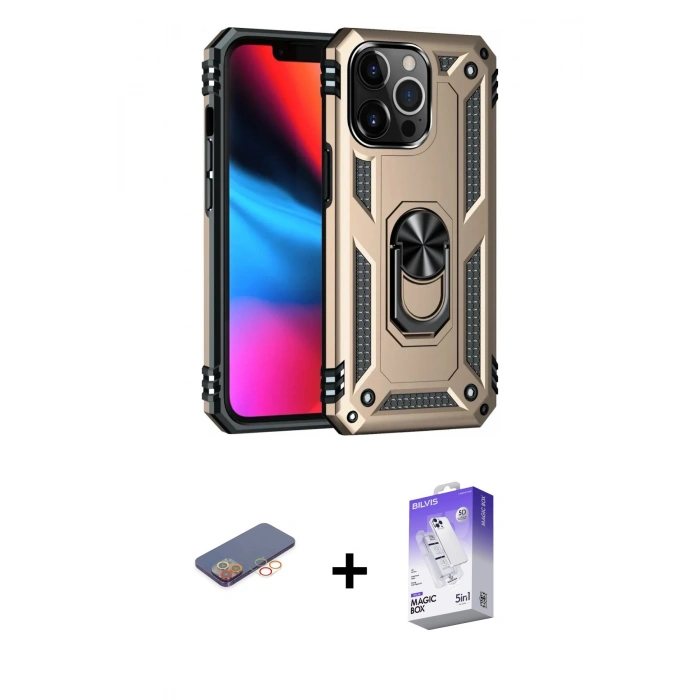 MARSİLYAN™- iPhone 13 Pro Max Kılıf Ahenk Klasik Koleksiyonu - Siyah Bilvis 5in1 3D Magic Cam Ekran Koruyucu + Renkli Kamera Lens Koruma Cam - TU