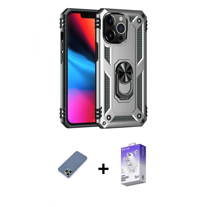 MARSİLYAN™- iPhone 13 Pro Max Kılıf Ahenk Klasik Koleksiyonu - Siyah Bilvis 5in1 3D Magic Cam Ekran Koruyucu + Açık Yeşil Metal Kamera Lens Koruma Cam