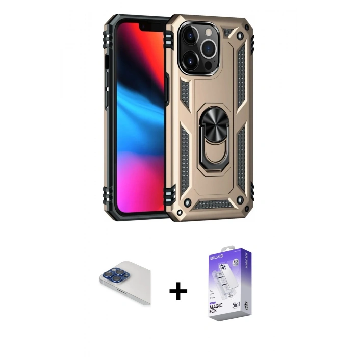 MARSİLYAN™- iPhone 13 Pro Max Kılıf Ahenk Klasik Koleksiyonu - Siyah Bilvis 5in1 3D Magic Cam Ekran Koruyucu + Lacivert Pers Alüminyum Kamera Lens
