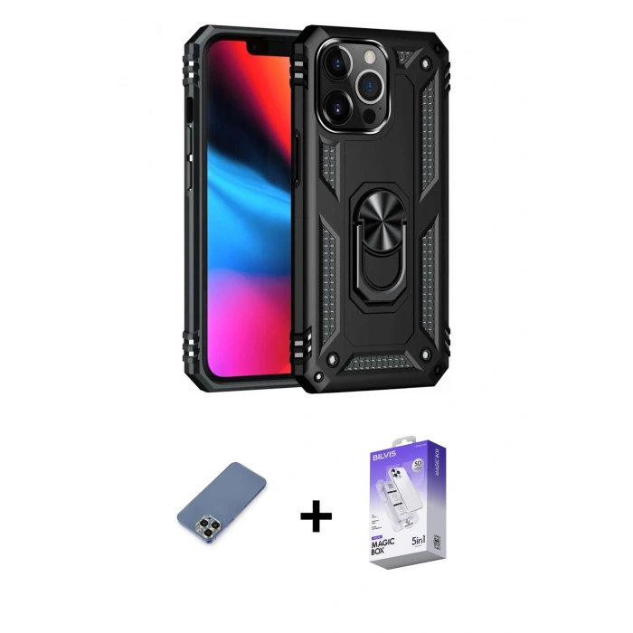 MARSİLYAN™- iPhone 13 Pro Max Kılıf Ahenk Klasik Koleksiyonu - Siyah Bilvis 5in1 3D Magic Cam Ekran Koruyucu + Açık Yeşil Metal Kamera Lens Koruma Cam